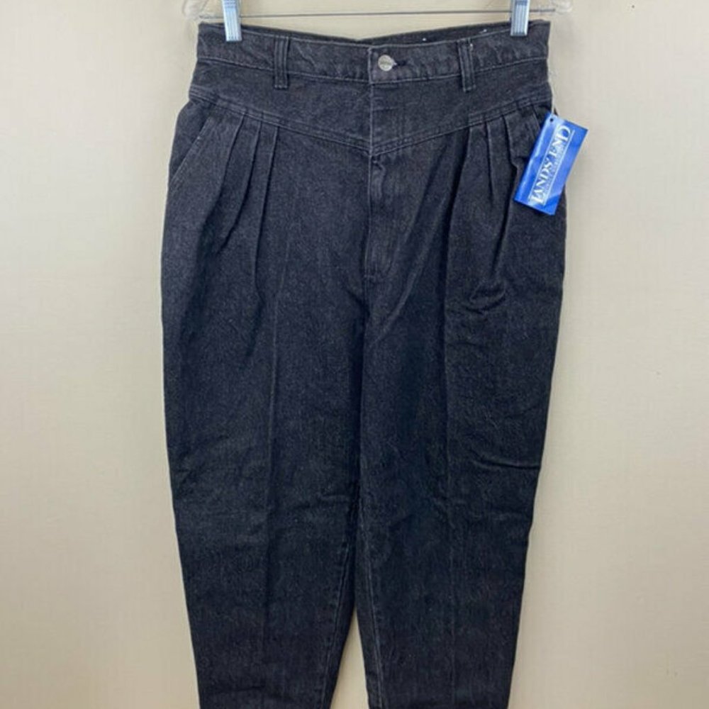NWT Lands End Womens 14 P 30 x 29 Black Denim High Waist Mom Jeans Bareback